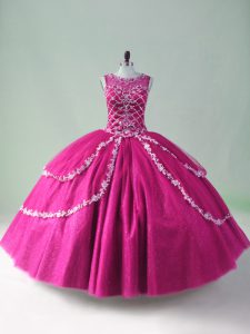 Hot Sale Fuchsia Scoop Neckline Beading and Appliques Quinceanera Gowns Sleeveless Zipper