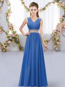 V-neck Sleeveless Court Dresses for Sweet 16 Floor Length Beading and Belt Blue Chiffon