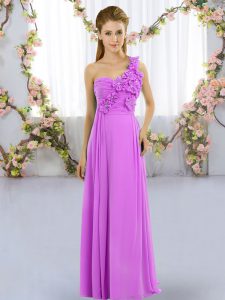 Nice Lilac Empire One Shoulder Sleeveless Chiffon Floor Length Lace Up Hand Made Flower Quinceanera Dama Dress