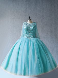 Comfortable Aqua Blue Ball Gowns Tulle Scoop Long Sleeves Beading Floor Length Lace Up Quince Ball Gowns