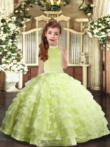 Enchanting Yellow Green Organza Backless Pageant Dress for Girls Sleeveless Floor Length Beading and Ruffled Layers