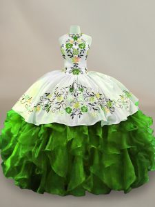 Floor Length Green Quinceanera Gowns Organza Sleeveless Embroidery