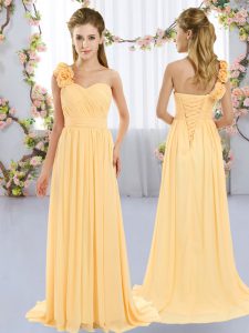 Trendy Lace Up Vestidos de Damas Gold for Wedding Party with Hand Made Flower Brush Train