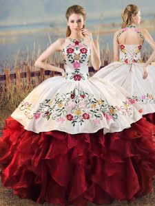 White And Red Lace Up Quinceanera Gown Embroidery and Ruffles Sleeveless Floor Length