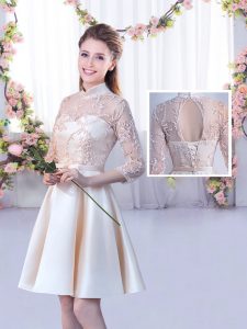 Beautiful Champagne A-line High-neck Half Sleeves Satin Mini Length Lace Up Lace and Belt Dama Dress for Quinceanera