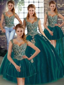 Peacock Green Lace Up Straps Beading and Appliques Quince Ball Gowns Tulle Sleeveless