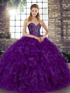 Enchanting Purple Ball Gowns Sweetheart Sleeveless Organza Floor Length Lace Up Beading and Ruffles Sweet 16 Dress