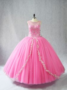 Top Selling Rose Pink Lace Up Scoop Beading and Appliques 15 Quinceanera Dress Tulle Sleeveless