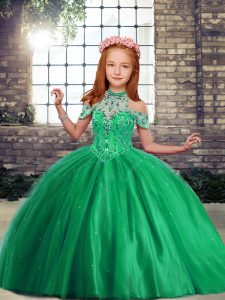 Green Tulle Lace Up High-neck Sleeveless Floor Length Pageant Gowns For Girls Beading
