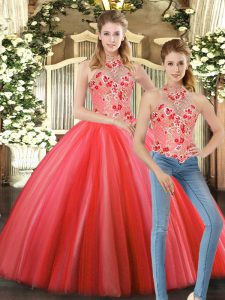 Graceful Coral Red Lace Up Halter Top Embroidery 15 Quinceanera Dress Tulle Sleeveless