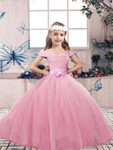 Cheap Off The Shoulder Sleeveless Little Girls Pageant Dress Floor Length Lace and Bowknot Pink Tulle