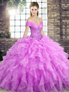 Modern Lilac Ball Gowns Organza Off The Shoulder Sleeveless Beading and Ruffles Lace Up Quinceanera Dress Brush Train