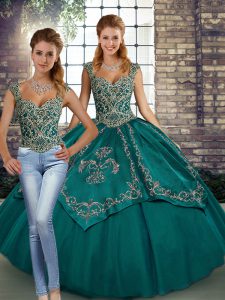 Teal Straps Neckline Beading and Embroidery Quinceanera Dresses Sleeveless Lace Up