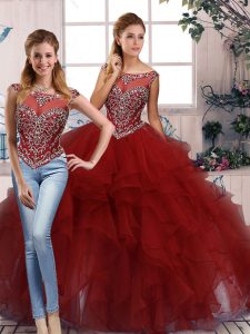 Burgundy Zipper Vestidos de Quinceanera Beading and Ruffles Sleeveless Floor Length