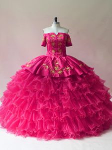 Smart Floor Length Lace Up 15 Quinceanera Dress Fuchsia for Sweet 16 and Quinceanera with Embroidery and Ruffled Layers