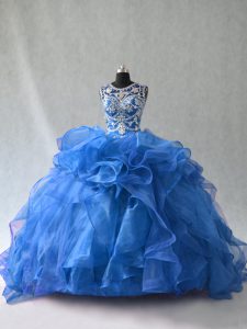 Pretty Ball Gowns Vestidos de Quinceanera Blue Scoop Organza Sleeveless Floor Length Lace Up