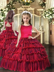 Low Price Red Lace Up Scoop Sleeveless Floor Length Little Girls Pageant Gowns Ruffled Layers