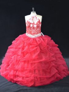 Eye-catching Halter Top Sleeveless Backless 15th Birthday Dress Red Organza