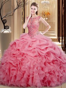 Discount Pink Ball Gowns Scoop Sleeveless Organza Floor Length Lace Up Beading and Ruffles and Pick Ups Quinceanera Gown