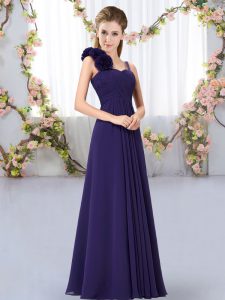 New Style Floor Length Purple Quinceanera Court Dresses Chiffon Sleeveless Hand Made Flower