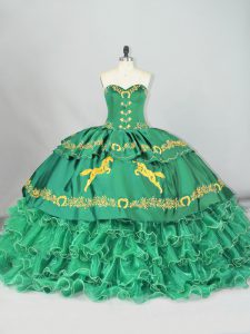 Sweetheart Sleeveless Brush Train Lace Up Embroidery and Ruffled Layers 15 Quinceanera Dress in Green