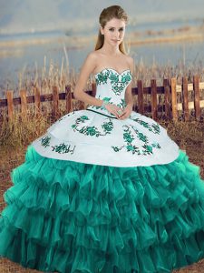 Turquoise Lace Up Sweetheart Embroidery and Ruffled Layers and Bowknot 15th Birthday Dress Organza Sleeveless