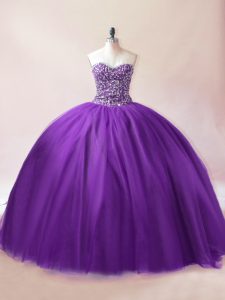 Sleeveless Floor Length Beading Lace Up Sweet 16 Dress with Purple