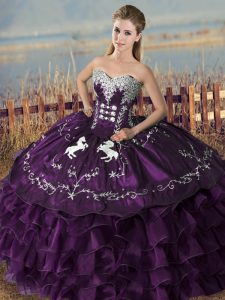 Noble Satin and Organza Sweetheart Sleeveless Lace Up Embroidery Ball Gown Prom Dress in Purple