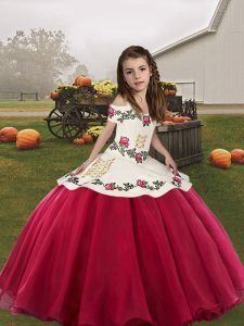 Trendy Sleeveless Floor Length Embroidery Lace Up Little Girls Pageant Dress with Coral Red