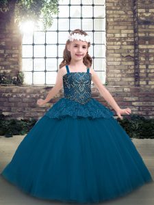 Straps Sleeveless Lace Up Pageant Gowns For Girls Blue Tulle