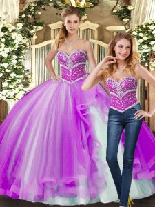 Charming Lilac Tulle Lace Up Sweetheart Sleeveless Floor Length Quinceanera Gown Beading