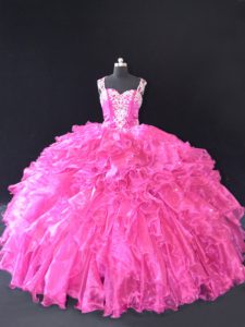 Organza Straps Sleeveless Lace Up Beading and Ruffles Sweet 16 Dresses in Fuchsia