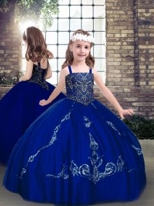 Ball Gowns Little Girl Pageant Gowns Royal Blue Straps Lace Sleeveless Floor Length Lace Up