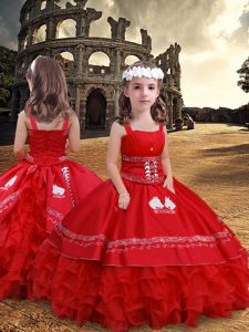 Top Selling Red Satin and Organza Zipper Little Girl Pageant Dress Sleeveless Floor Length Embroidery and Ruffled Layers