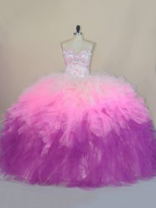 Sleeveless Tulle Brush Train Lace Up Sweet 16 Dresses in Multi-color with Beading and Ruffles