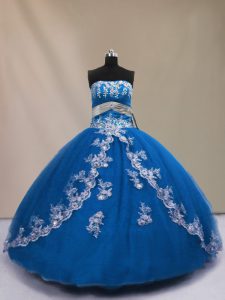 Nice Blue Tulle Lace Up Strapless Sleeveless Floor Length Quinceanera Gowns Appliques