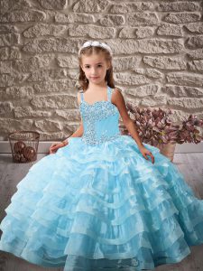 Unique Straps Sleeveless Kids Pageant Dress Beading and Ruffled Layers Baby Blue Organza