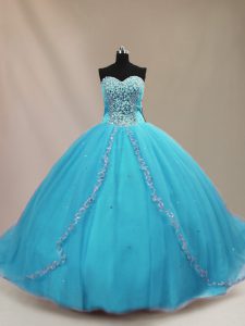 Discount Aqua Blue Sleeveless Beading Lace Up Quinceanera Gown