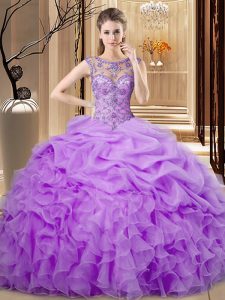 Noble Lavender Ball Gowns Organza Scoop Sleeveless Beading and Ruffles and Pick Ups Floor Length Lace Up Sweet 16 Quinceanera Dress