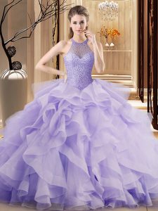 Super Sweep Train Ball Gowns Ball Gown Prom Dress Lavender Halter Top Organza Sleeveless Lace Up