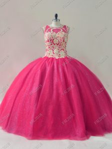 Beautiful Floor Length Ball Gowns Sleeveless Hot Pink Quince Ball Gowns Lace Up