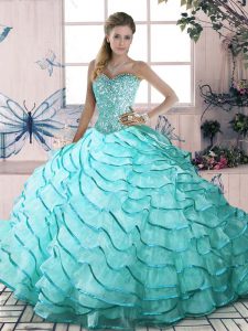 Shining Aqua Blue Sleeveless Organza Brush Train Lace Up Vestidos de Quinceanera for Sweet 16 and Quinceanera