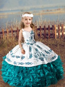 Sleeveless Lace Up Floor Length Embroidery and Ruffles Little Girls Pageant Gowns