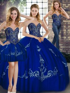 Floor Length Three Pieces Sleeveless Royal Blue Ball Gown Prom Dress Lace Up