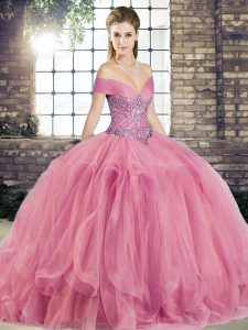 Watermelon Red Sleeveless Beading and Ruffles Floor Length Quinceanera Gowns