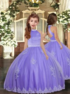 Fashionable Lavender Little Girls Pageant Gowns Party and Sweet 16 and Wedding Party with Appliques High-neck Sleeveless Backless