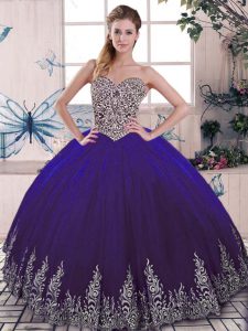 Purple Lace Up 15th Birthday Dress Beading and Embroidery Sleeveless Floor Length