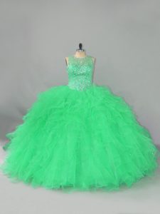 Turquoise Scoop Neckline Beading and Ruffles Ball Gown Prom Dress Sleeveless Lace Up