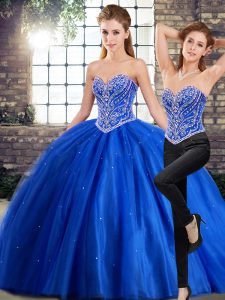 Sexy Blue Tulle Lace Up Sweetheart Sleeveless Sweet 16 Dresses Brush Train Beading