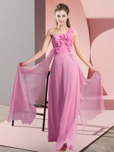 Nice Floor Length Rose Pink Quinceanera Court Dresses Chiffon Sleeveless Hand Made Flower